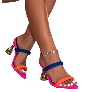 Neon Pink Double Strap Slip On Sandals Gold Hourglass Heels Mules Orange Size 8